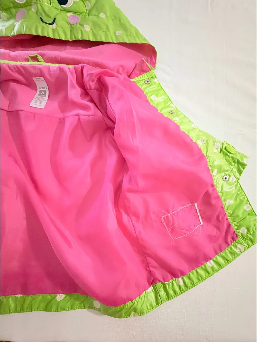 Carter's Toddler 2T Green Polka Dot Frog Hooded Rain Jacket with Pink Lining